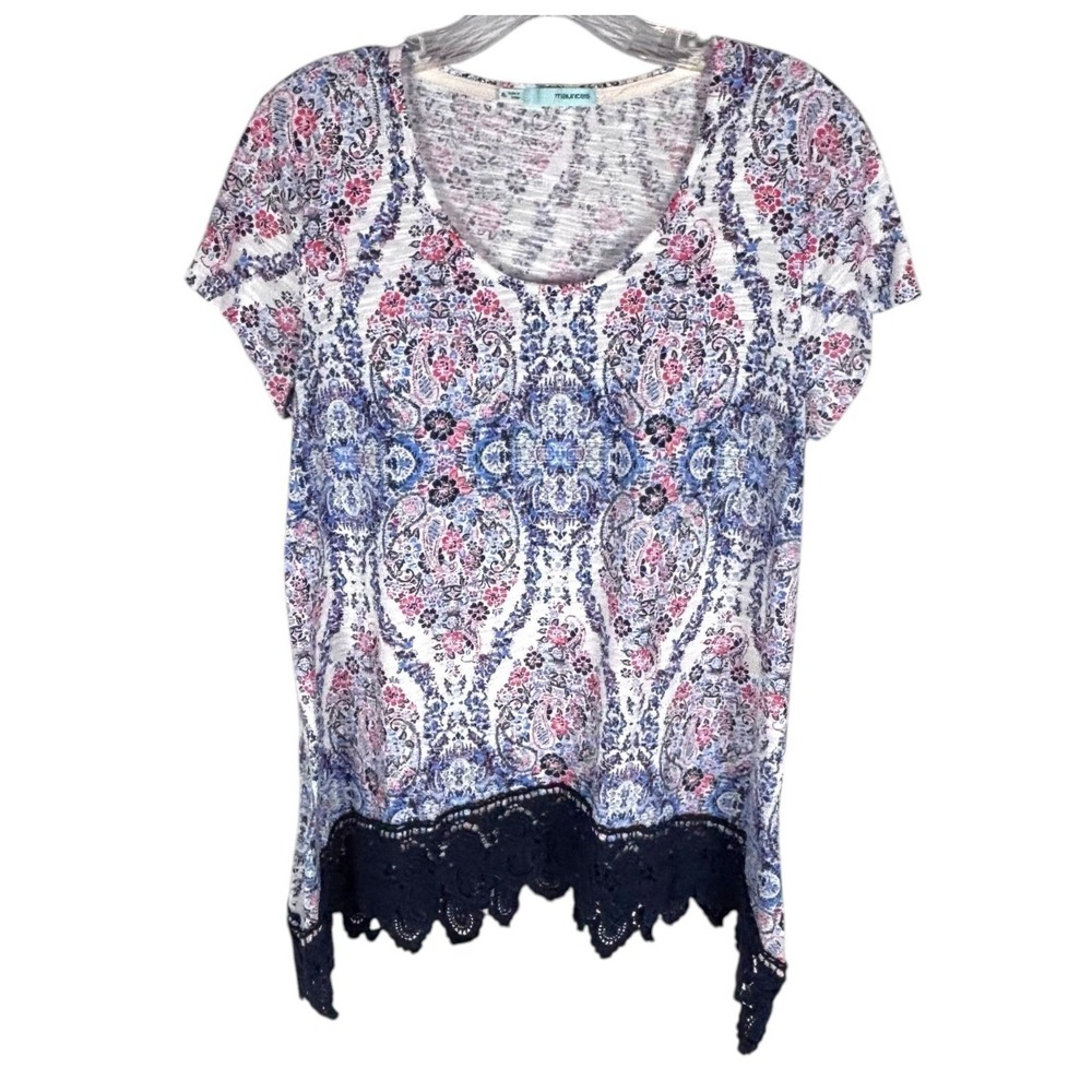 Maurices Floral Paisley Top XL Lace Hem Blue Pink Boho Festival Cottagecore